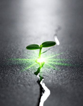 Against all odds, a single, determined sprout harnesses an inner light to break through the unyielding concrete.の素材