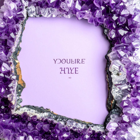 A stunning frame of raw amethyst crystals, with their deep purple and violet hues, creates a natural border around a soft lavender space.の素材
