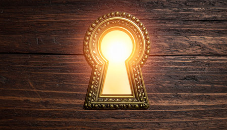 A bright, warm light emanates from an ornate keyhole set in a dark wooden door, symbolizing a hidden opportunity, a secret revealed, or the gateway to a new beginning.の素材