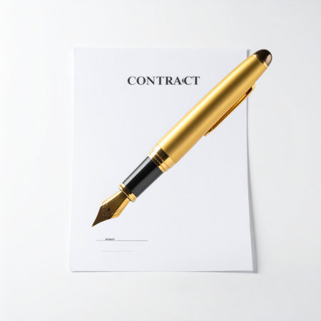 A moment of significance captured as an elegant golden fountain pen hovers over the signature line of a formal contract.の素材