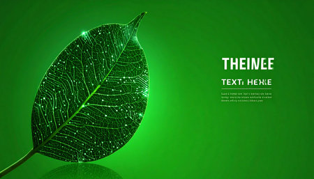 A vibrant green leaf transforms into a complex digital circuit, its veins glowing with the flow of data.の素材