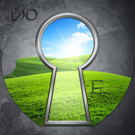 A metallic keyhole in a dark, textured wall opens up a portal to a vibrant, sunlit landscape.の素材