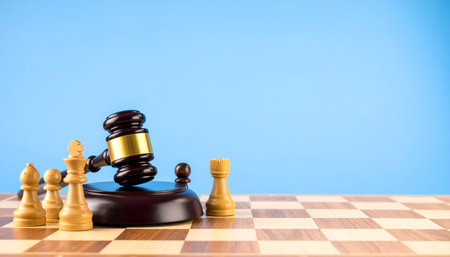 A judge's gavel rests decisively on a chessboard, surrounded by chess pieces representing opposing sides in a legal battle.の素材