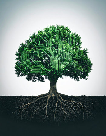 A powerful tree flourishes with deep roots, its leaves and branches forming an intricate circuit board.の素材