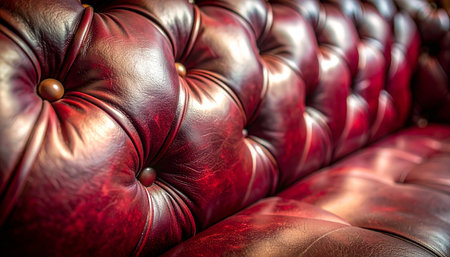 The rich, deep red leather of a classic Chesterfield sofa invites you to sink into its luxurious comfort.の素材