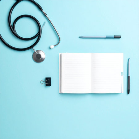 A clean and organized medical workspace, ready for patient diagnosis and note-taking.の素材