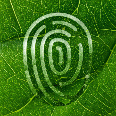 A unique human fingerprint is imprinted on the vibrant green texture of a leaf, symbolizing the deep connection between humanity and nature.の素材