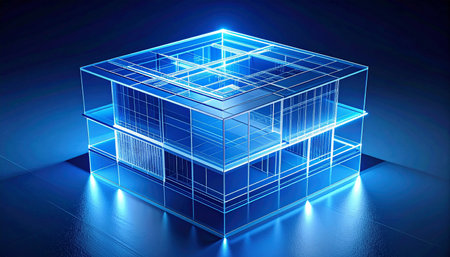A luminous 3D blueprint of a building glows with blue light, representing the intersection of architecture and advanced digital technology.の素材