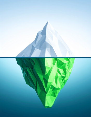 A low-poly iceberg floats in a calm blue ocean, but a surprising truth is revealed beneath the surface.の素材