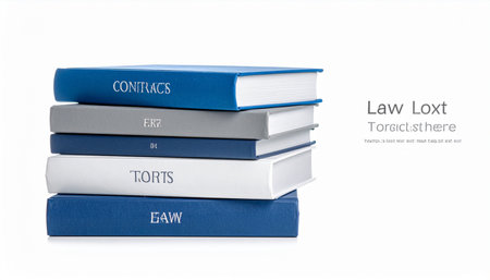A stack of essential law textbooks, including Contracts and Torts, represents the foundation of a legal education.の素材