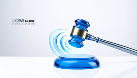 A decision is made, echoing with clarity and finality. A modern, translucent blue gavel strikes its block, sending out waves of impact that signify a definitive ruling.の素材