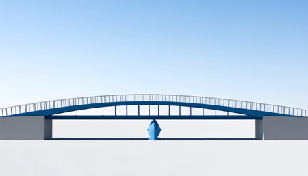 A solitary blue boat embarks on a journey, smoothly passing under the clean lines of a modern arched bridge.の素材