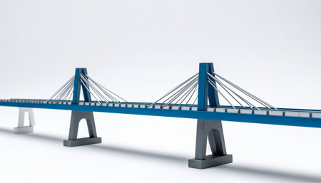 A clean 3D rendering of a modern blue cable-stayed bridge, isolated on a stark white background.の素材