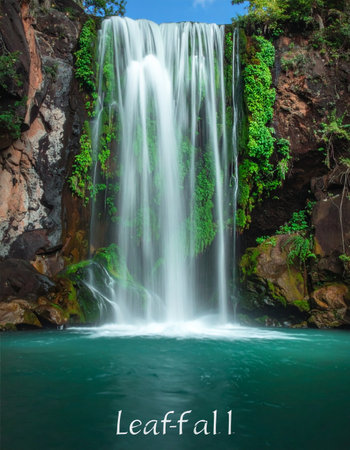 A powerful cascade of water plunges from a moss-covered cliff into a serene, emerald-green pool below.の素材