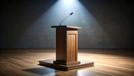 An empty wooden podium with a microphone stands alone on a stage, illuminated by a single, dramatic spotlight from above.の素材