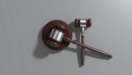 From a top-down perspective, two distinct gavels rest crossed on a neutral surface, their shadows stark under dramatic lighting.の素材