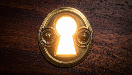 A brilliant, warm light emanates from behind a vintage brass keyhole set in dark, textured wood.の素材