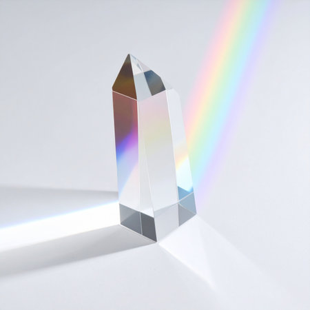 A single beam of pure white light enters a crystal prism, revealing its hidden, vibrant potential as a beautiful rainbow spectrum.の素材