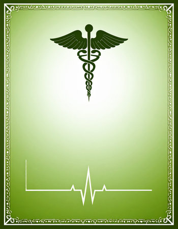 A professional medical background combining the classic Caduceus symbol with a modern ECG heartbeat line.の素材