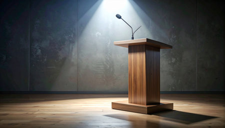 An empty wooden podium stands alone on a dimly lit stage, illuminated by a single, dramatic spotlight from above.の素材
