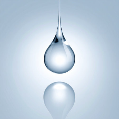 A single, perfect drop of water hangs suspended in a moment of pure clarity. Its pristine form reflects the world around it, symbolizing purity, simplicity, and the essential nature of life.の素材