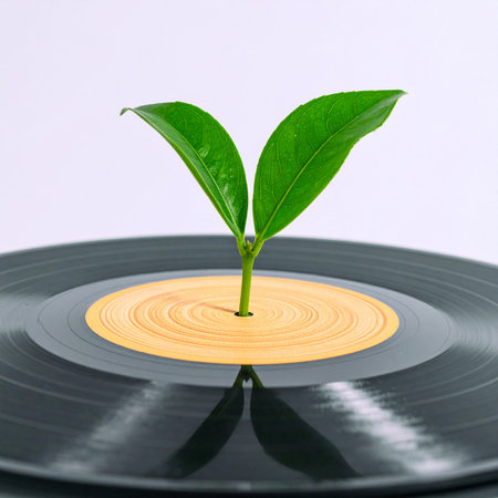 A fresh green sprout emerges from the center of a classic vinyl record, symbolizing the birth of new music, organic sound, and sustainable creativity.の素材