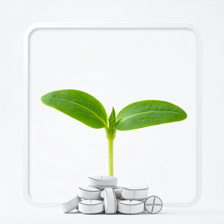 A vibrant green sprout emerges from a pile of white medicinal tablets, symbolizing the powerful connection between nature and healing.の素材