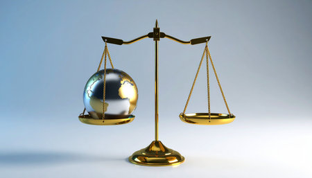 A single, heavy metallic sphere dramatically tips the golden scales of justice, creating a stark visual of imbalance.の素材