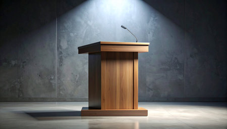 An empty wooden podium stands alone on a stark stage, illuminated by a single, dramatic spotlight.の素材