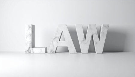 The word LAW stands as a solid, unyielding foundation in a clean, bright space, symbolizing the clarity, order, and impartiality that justice strives for.の素材