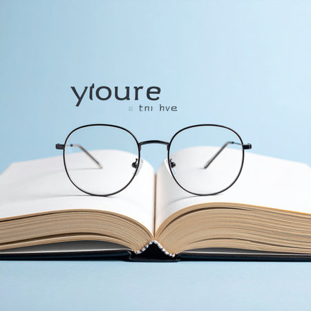 A pair of modern, round eyeglasses rests on the pages of an open book, symbolizing a pause in study or reading.の素材