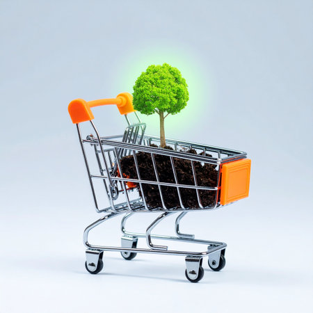 A small tree representing growth and nature sits in a miniature shopping cart, symbolizing the powerful choice of sustainable consumerism.の素材