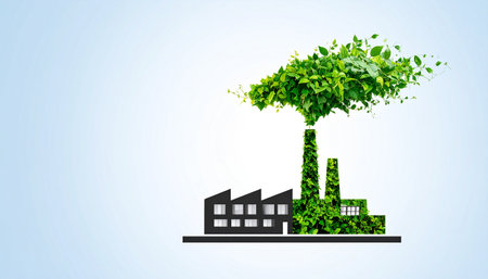 A conceptual image illustrating the future of industry, where factories operate in harmony with nature.の素材