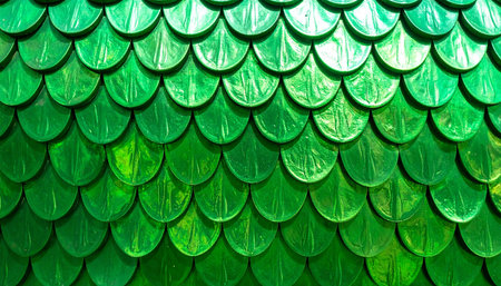 A mesmerizing pattern of overlapping emerald green scales shimmers with an iridescent light.の素材