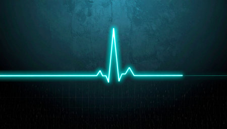 A single, vibrant neon heartbeat pulses across a dark, textured background.の素材