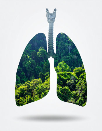 A powerful visual metaphor where a lush, green forest fills the silhouette of human lungs.の素材