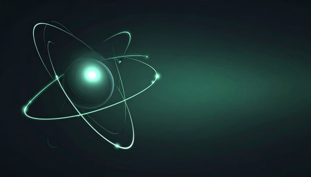 A glowing nucleus forms the core of this atomic model, with electrons tracing luminous paths in the darkness.の素材