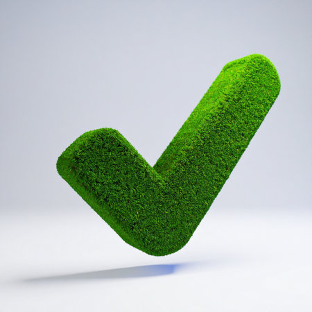 A vibrant green checkmark, textured with lush grass, floats against a clean background.の素材