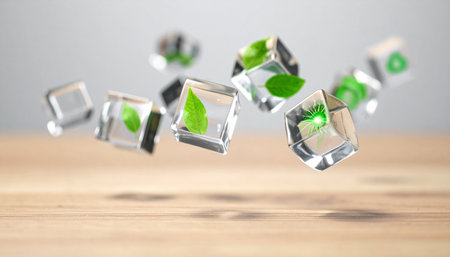 Crystal clear ice cubes, each encasing a vibrant green mint leaf, are captured in a moment of weightless suspension.の素材