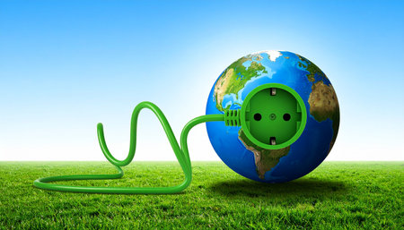 A vibrant green power cord plugs directly into planet Earth, symbolizing a global shift towards sustainable, renewable energy.の素材