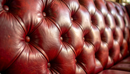 A close-up view of a deep red, button-tufted leather sofa, evoking a sense of timeless elegance and classic luxury.の素材