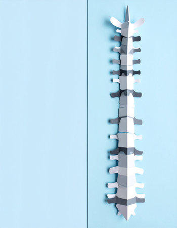 A meticulously crafted paper model of the human spine rests against a clean, light blue background.の素材