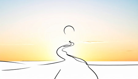 A single, hand-drawn line creates a winding path across a blank landscape, leading towards a hopeful sunrise.の素材