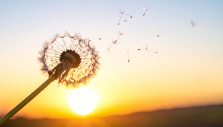 A dandelion stands silhouetted against a warm, golden sunset. The gentle evening breeze carries its delicate seeds away, symbolizing hope, new beginnings, and the beauty of letting go.の素材