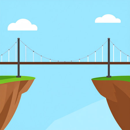 This illustration shows a sturdy bridge providing a clear path over a deep chasm, symbolizing the power of connection and strategy to overcome significant obstacles.の素材