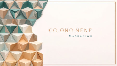 A modern, architectural design featuring a complex 3D pattern of geometric pyramids in a sophisticated palette of muted teals and earth tones.の素材