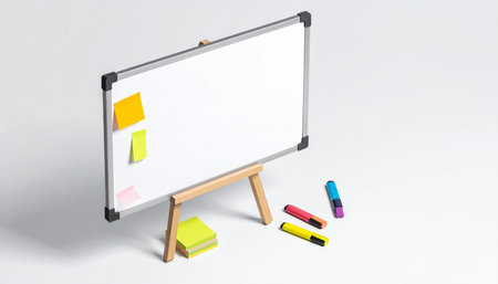 A clean, blank whiteboard stands ready on its easel, accompanied by colorful markers and sticky notes.の素材