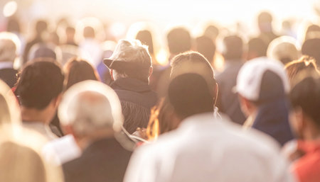 A diverse and anonymous crowd gathers, united in a shared experience.の素材