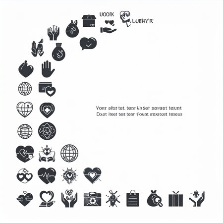 A comprehensive collection of glyph icons representing acts of kindness, charity, and global support.の素材