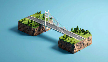 A miniature suspension bridge elegantly spans the divide between two isolated landmasses in this isometric diorama.の素材